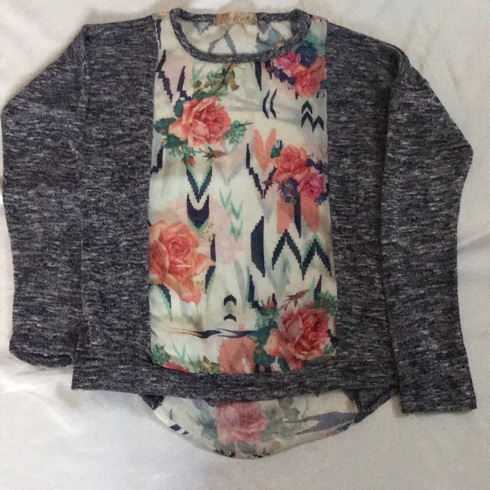 Penelope Project blue, white, and peach blouse